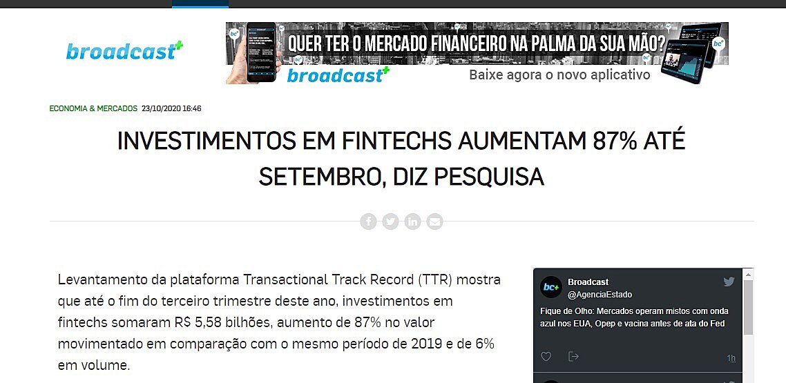 TTR: Investimentos em fintechs aumentam 87% at setembro